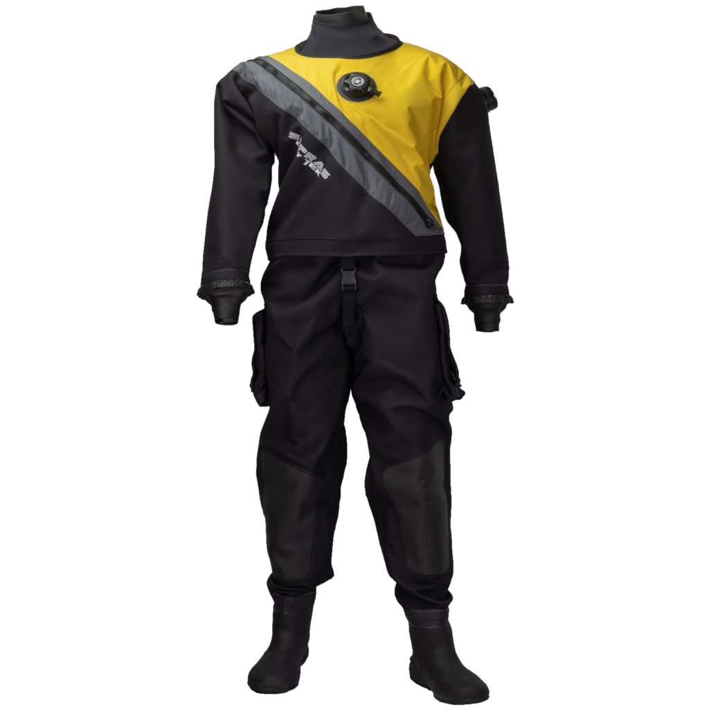 Trilaminate dry suit with front zipper with rubber booties, rings and 2 pockets (Cordura